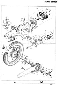 1975 Honda Super Sport CB400F motorcycle rear frame Exploded view